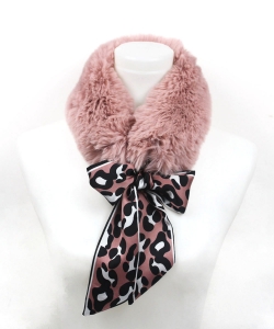 Faux Fur Warm Scarf with Leopard Ribbon SF320009 LIGHT ROSE